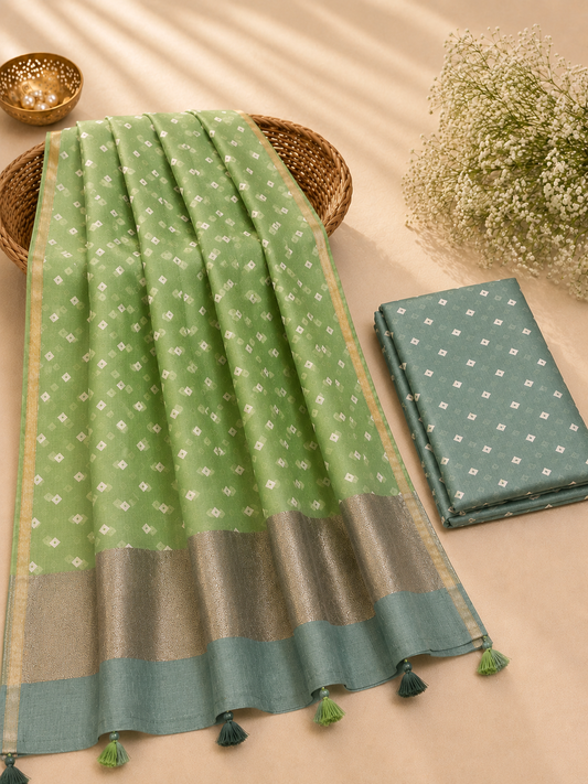 Pista Green Mul Chanderi Bandhej Kurta Dupatta with Matching Bottom