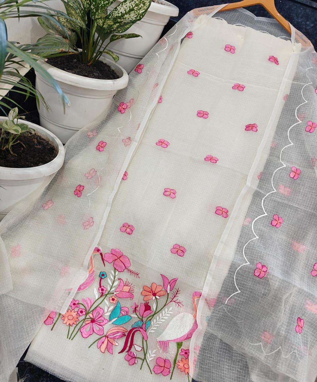 White Kota Doria 3 Piece Suit Set with Saaras Bird Motif and Kota Doria Dupatta