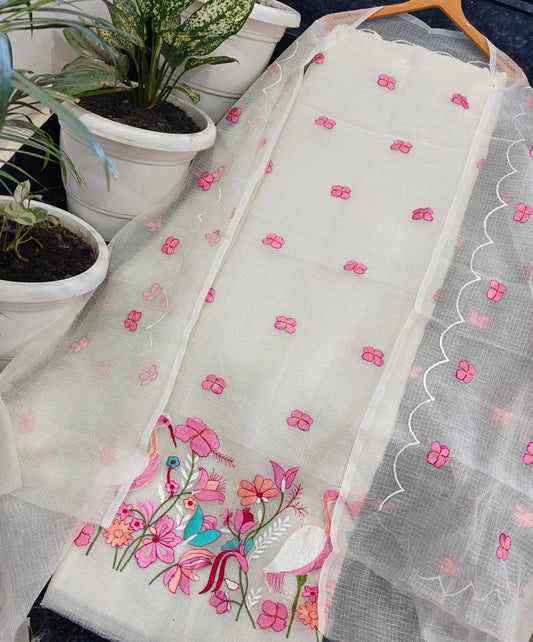 White Kota Doria 3 Piece Suit Set with Saaras Bird Motif and Kota Doria Dupatta