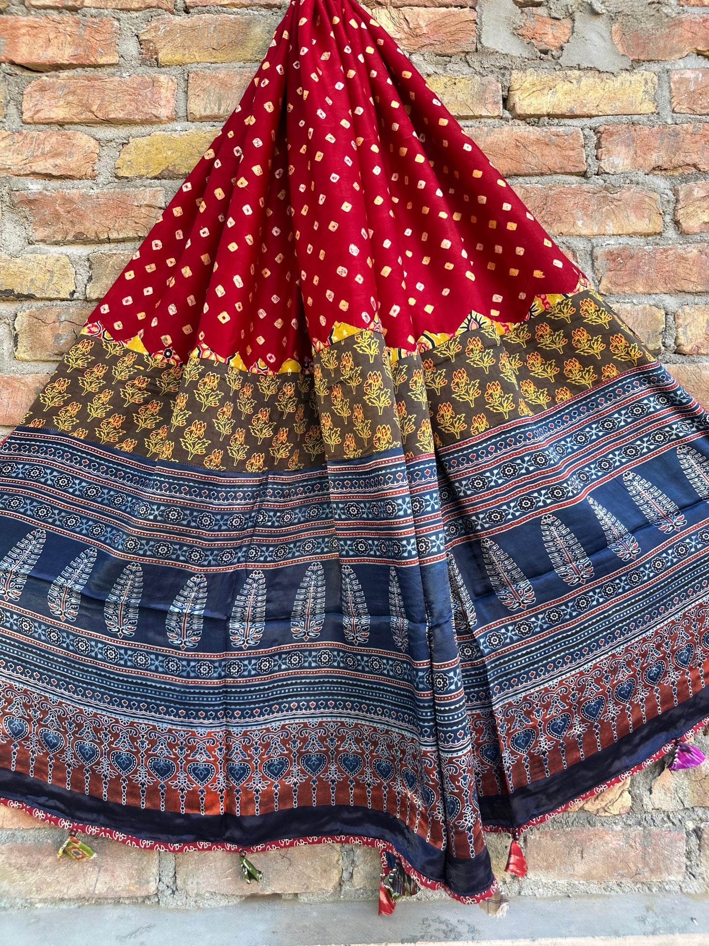 Deep Red Bandhej Print Ajrakh Applique Patchwork Modal Silk Kantha Work Dupatta with Tassels and Mirror-work