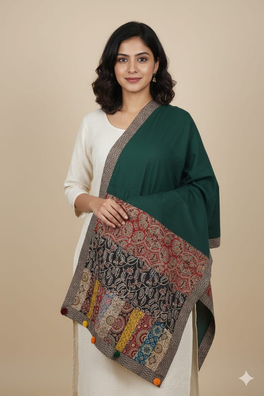 Bottle Green Ajrakh Patchwork Cotton Stole