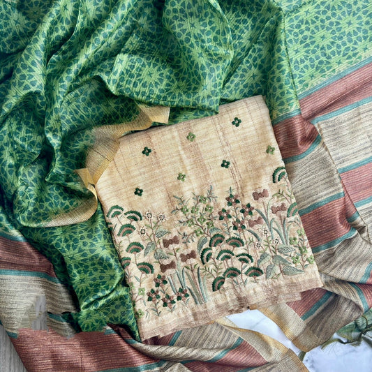 Green Raw Silk Unstitched 3 pc Suit Set with Hand Embroidery on Panel