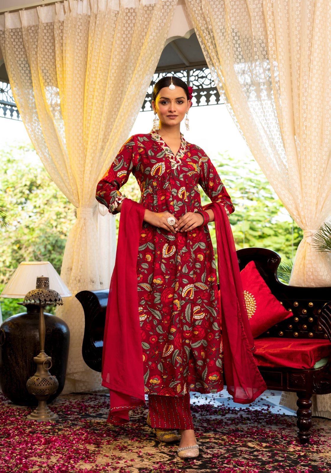 Red Floral Print Pure Muslin Alia Cut Suit Set with Lace Dupatta