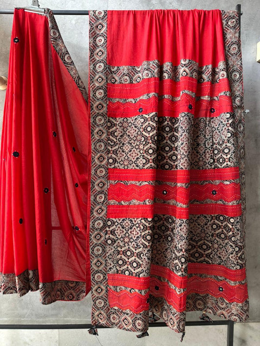 Red and Black Pure Cotton Saree with Ajrakh Applique Patchwork Embroidery and Mirror Work