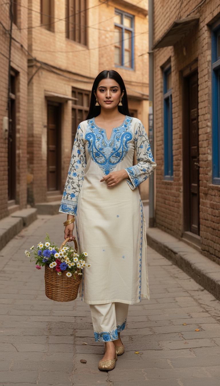 White Floral Threadwork Pure Cotton Kashmiri Embroidery Kurta and Pant Set ( Size 40, 42)