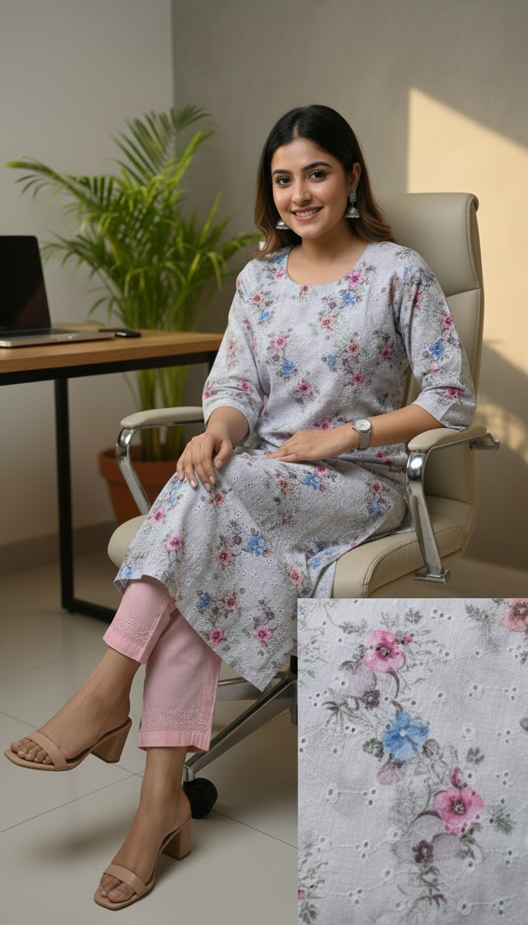 White Floral Pure Cotton Kurti with Schiffli Details