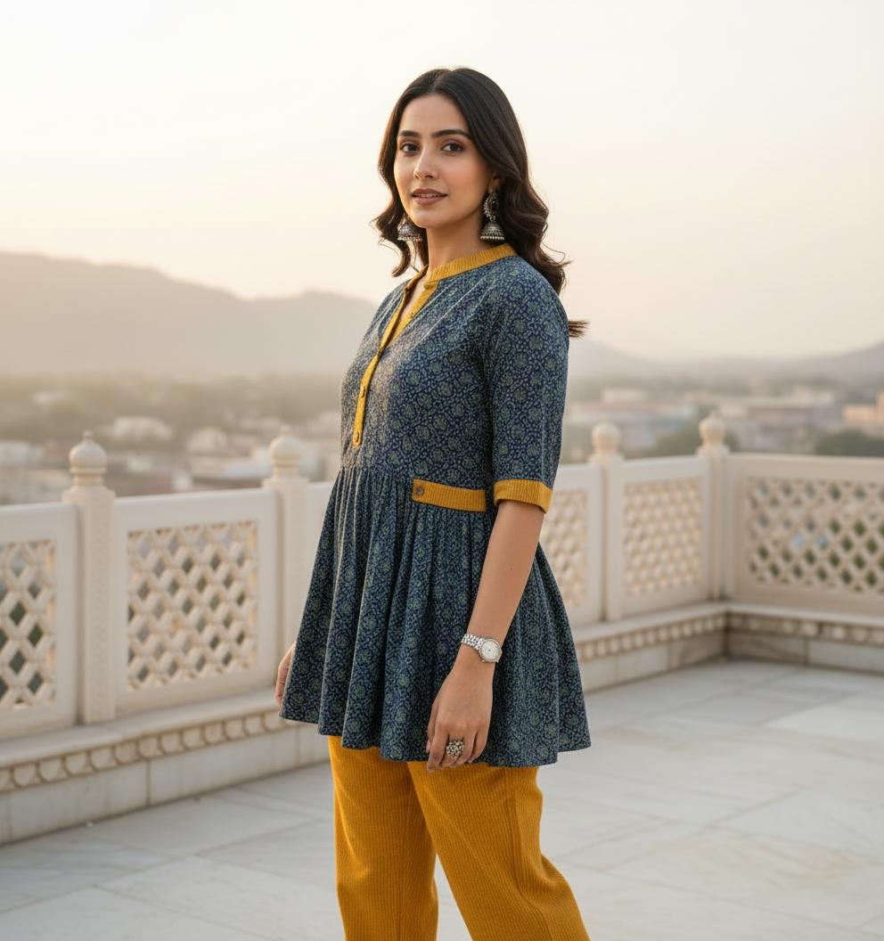 Indigo Ajrakh Print Pure Cotton Peplum Style Top and Pant Set