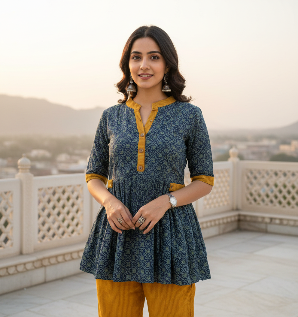 Indigo Ajrakh Print Pure Cotton Peplum Style Top and Pant Set