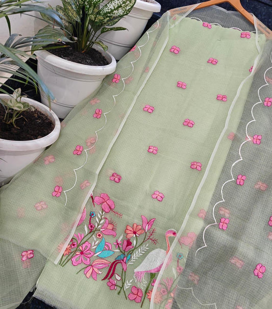 Cyan Green Kota Doria 3 Piece Suit Set with Saaras Bird Motif and Kota Doria Dupatta