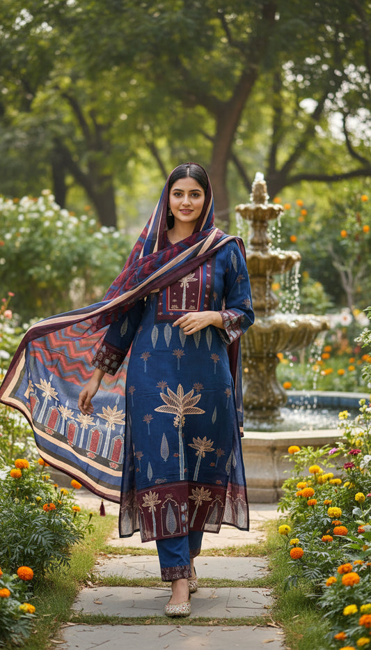 Blue Kamdhenu Ajrakh Motif Muslin Suit Set with Muslin Dupatta