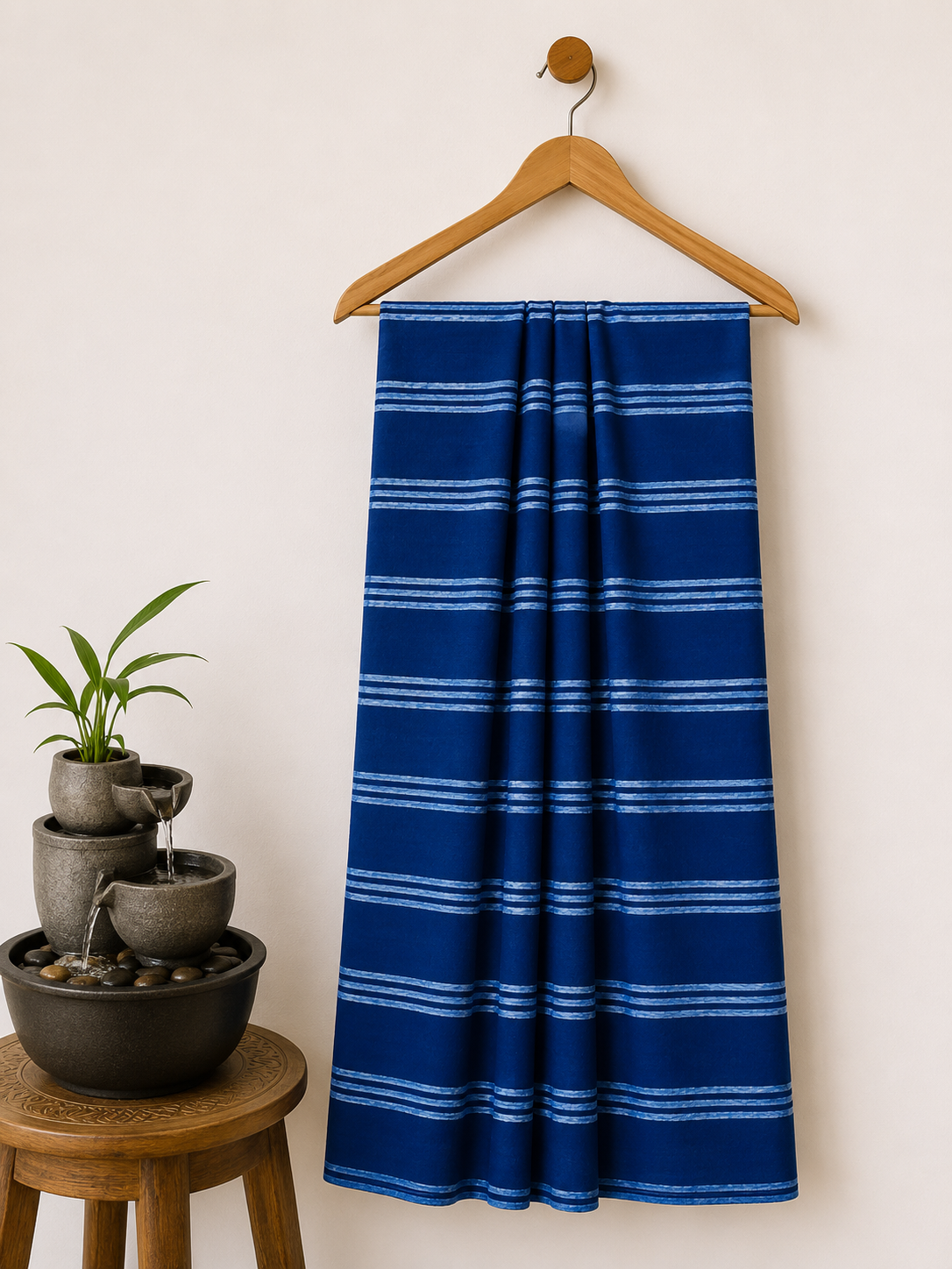 Indigo Akola Dabu Strip Motif Hand Block Print Pure Cotton Fabric