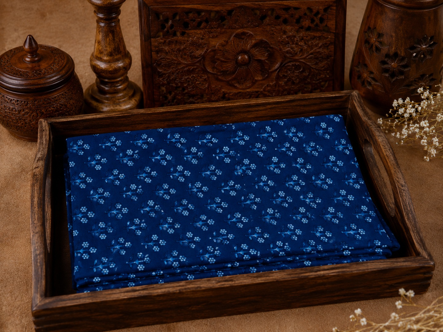 Akola Dabu Cluster Flower Motif Hand Block Natural Dyed Pure Cotton Fabric Indigo