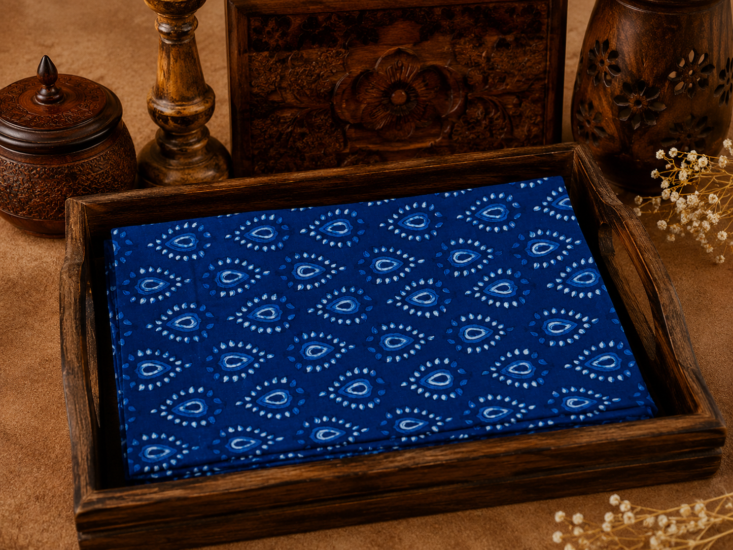 Akola Dabu Rain Drop Motif Hand Block Natural Dyed Pure Cotton Fabric Indigo