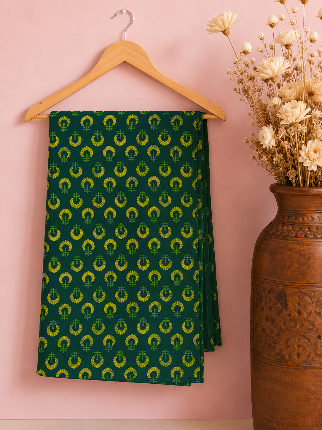 Akola Dabu Blooming Flower Motif Hand Block Natural Dyed Pure Cotton Fabric Green