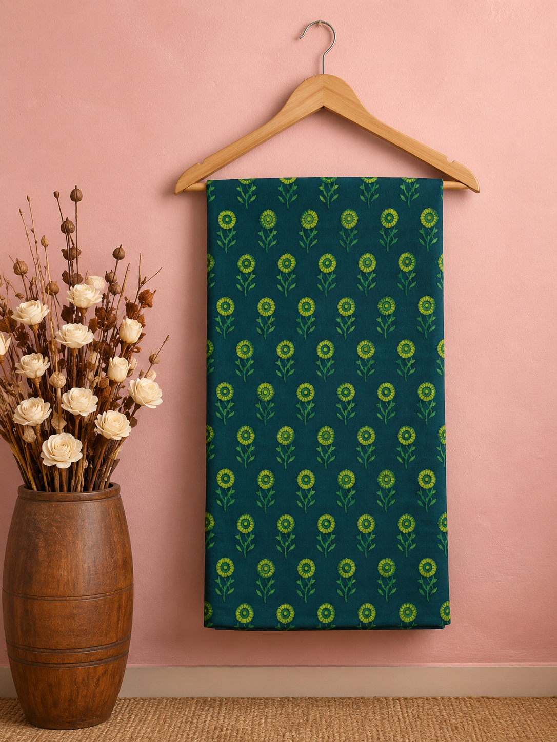 Akola Dabu Daisy Flower Motif Hand Block Natural Dyed Pure Cotton Fabric Green