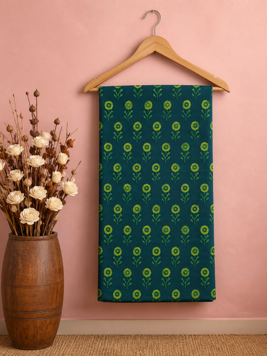 Akola Dabu Daisy Flower Motif Hand Block Natural Dyed Pure Cotton Fabric Green