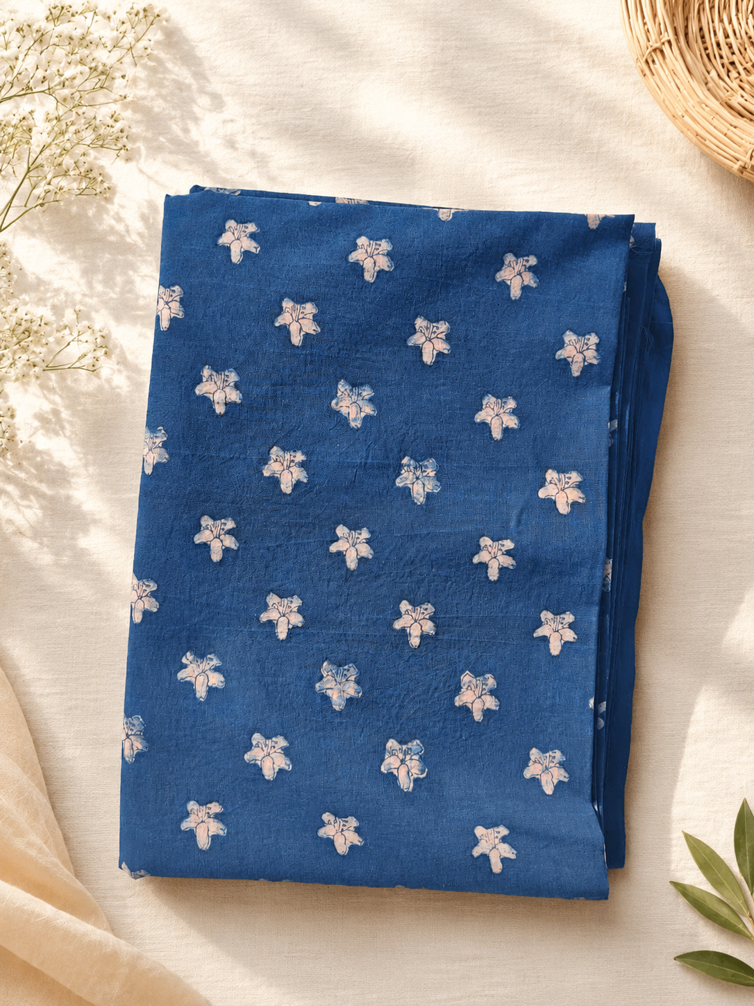 Akola Dabu Star Motif Hand Block Natural Dyed Pure Cotton Fabric Indigo