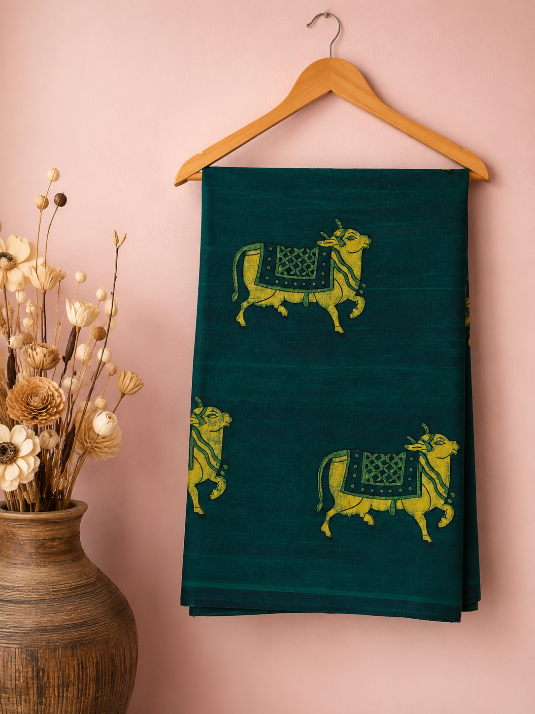 Akola Dabu Kamdhenu Motif Hand Block Natural Dyed Pure Cotton Fabric Green