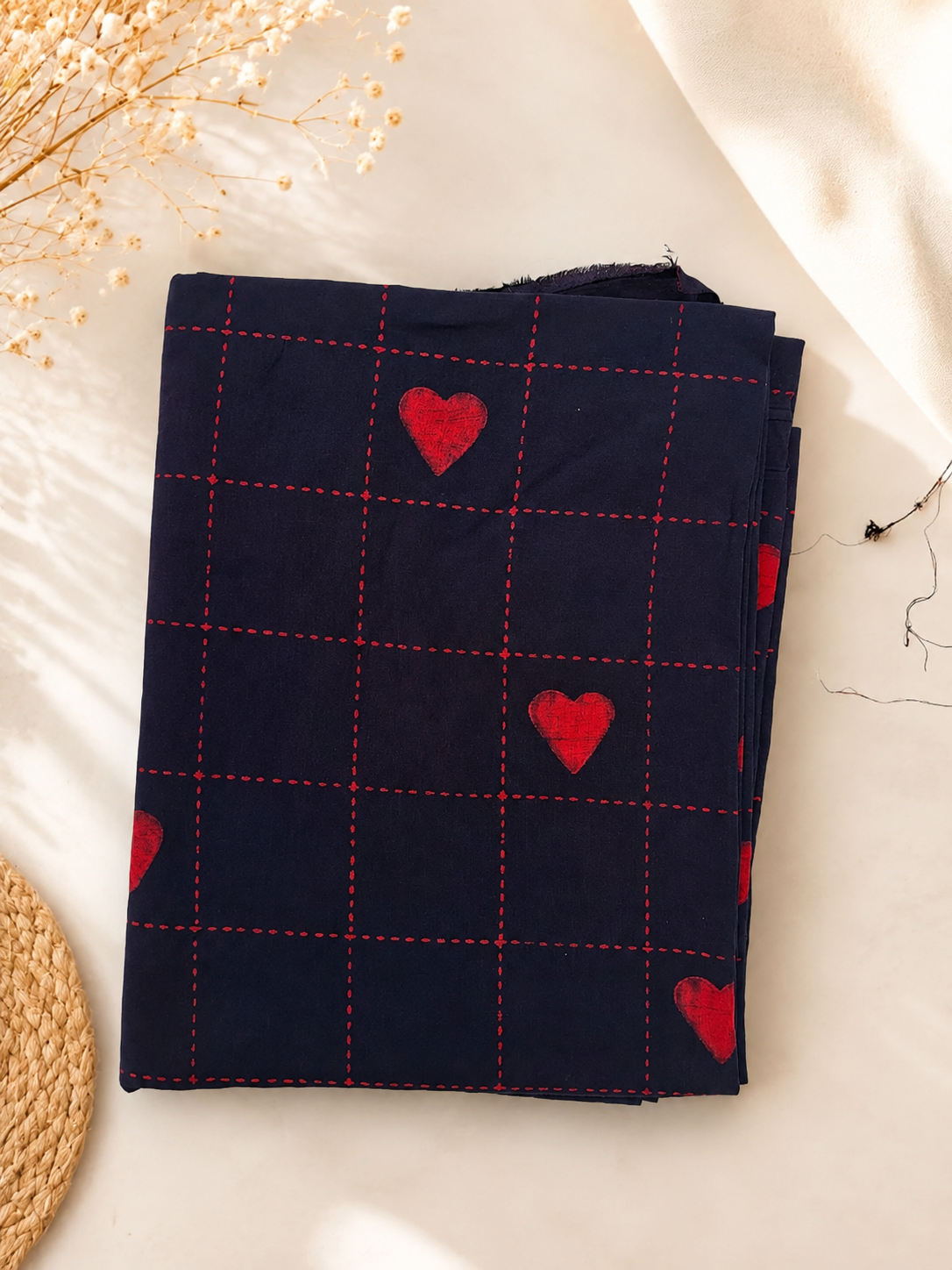 Akola Dabu Heart Motif Hand Block Natural Dyed Pure Cotton Fabric Red