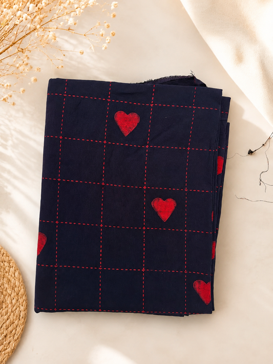 Akola Dabu Heart Motif Hand Block Natural Dyed Pure Cotton Fabric Red