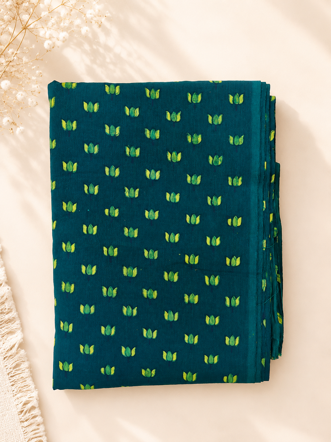 Akola Dabu Kamal Buti Motif Hand Block Natural Dyed Pure Cotton Fabric Green