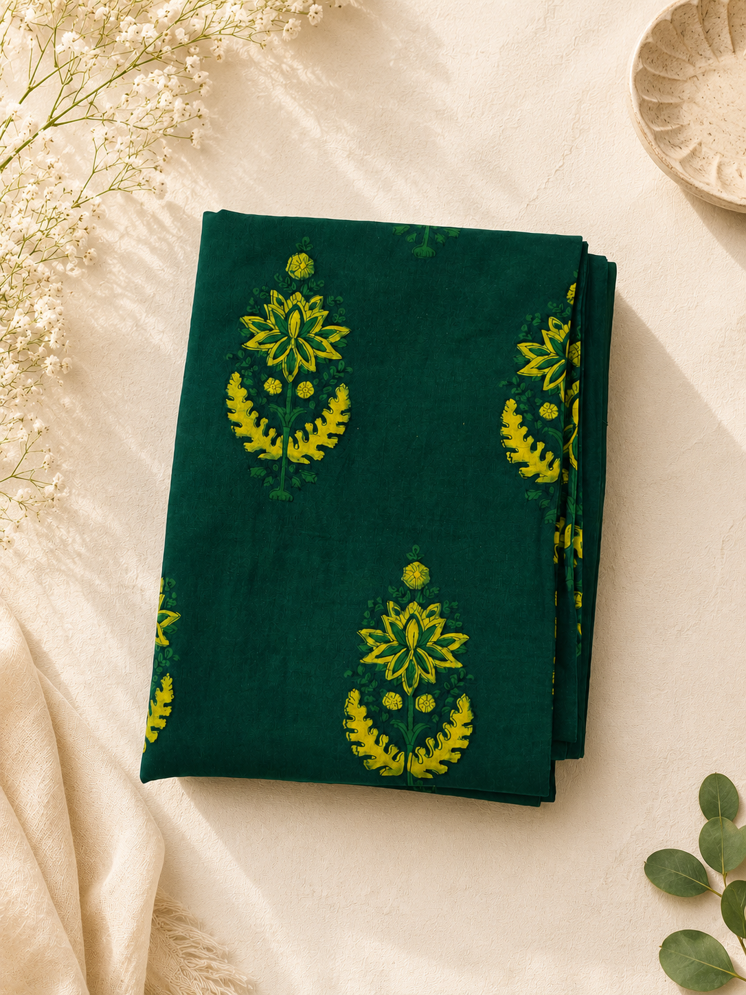 Akola Dabu Phool Patti Motif Hand Block Natural Dyed Pure Cotton Fabric Green