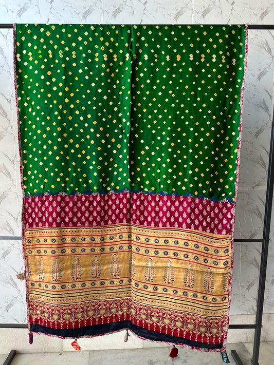 Green and Yellow Ajrakh Applique Patchwork Modal Silk Kantha Work Dupatta with Tassels