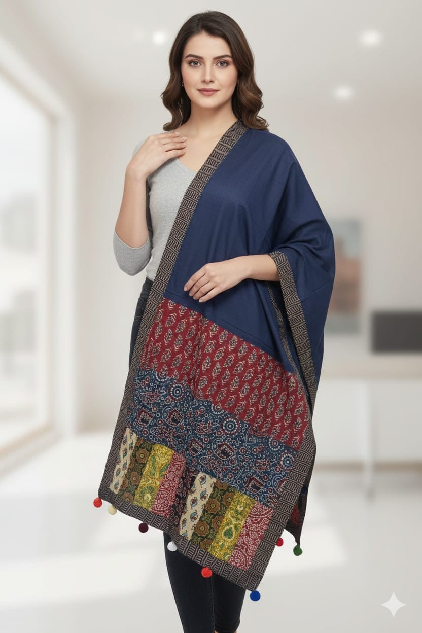 Navy Blue Ajrakh Patchwork Cotton Stole
