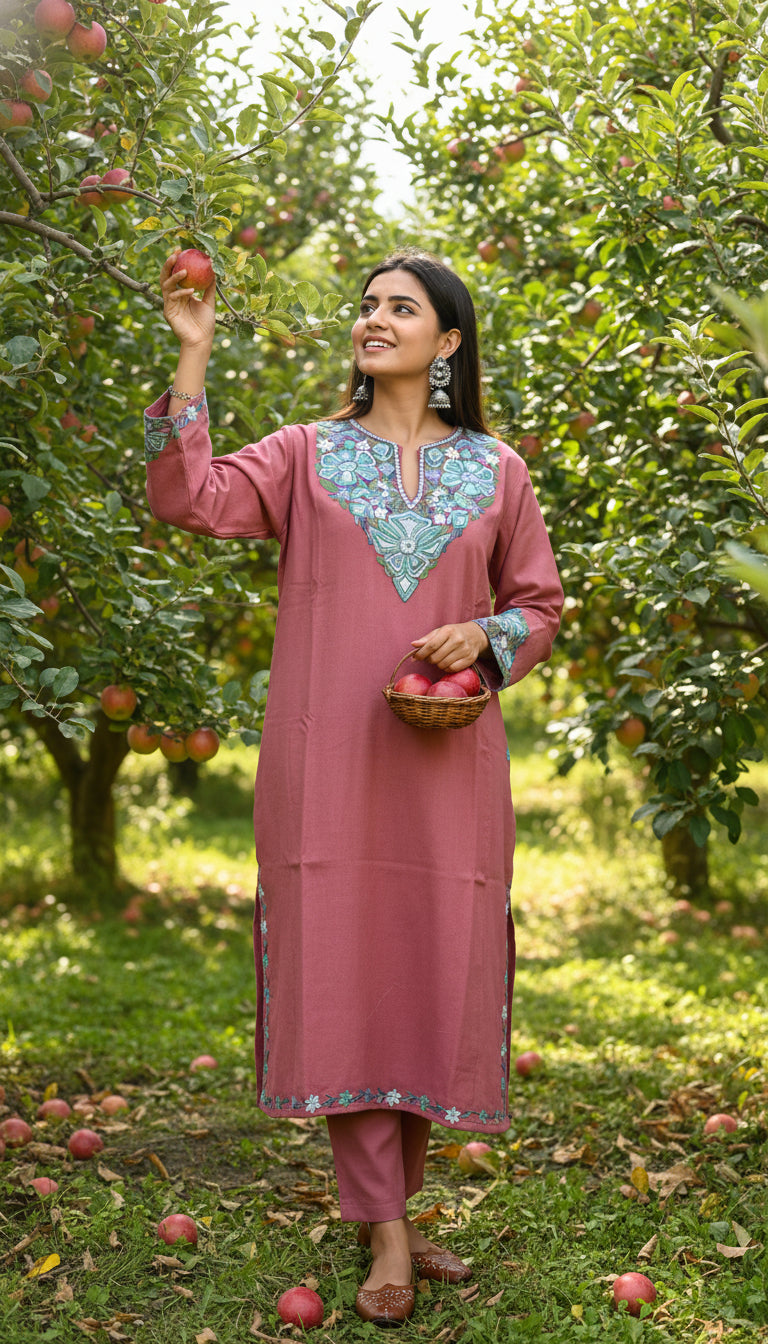 Dusty Pink with Firozi Embroidery Kashmiri Marino Wool Pheran with Pockets