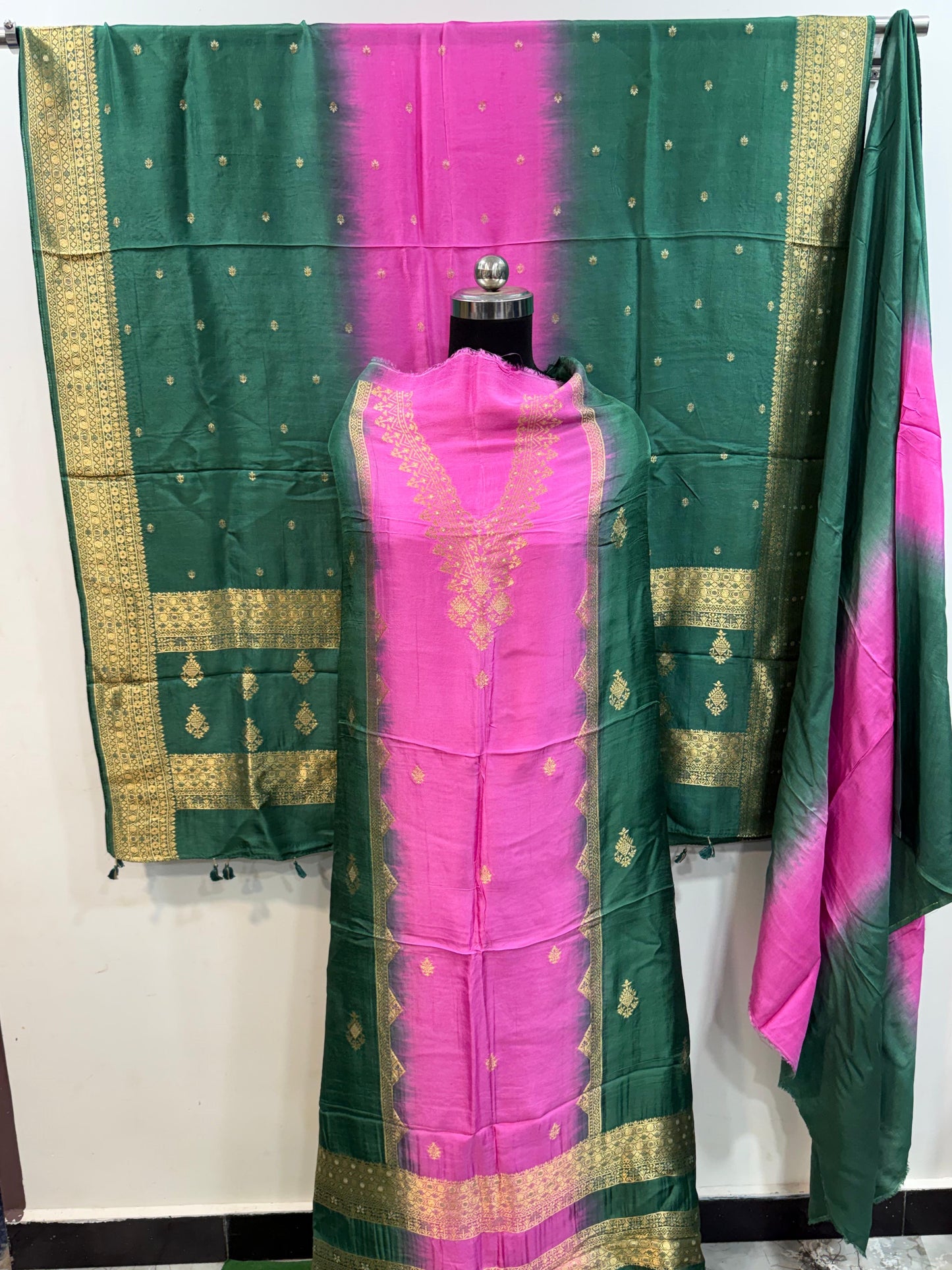 Green and Pink Dola Silk 3pc Suit Set with Zari Yoke/Dupatta and Matching Lower
