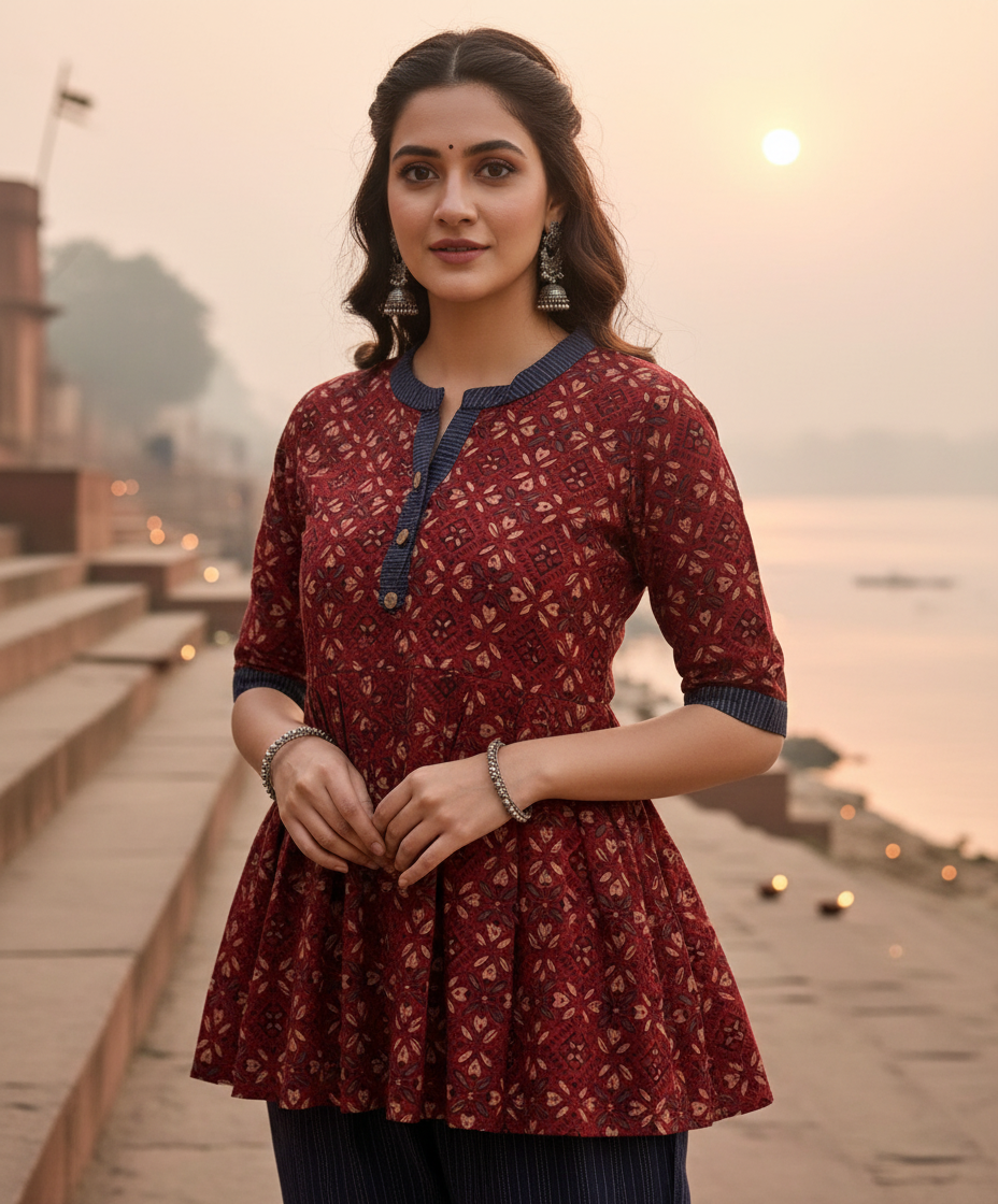 Maroon Ajrakh Print Pure Cotton Peplum Style Top and Lounge Pant Set