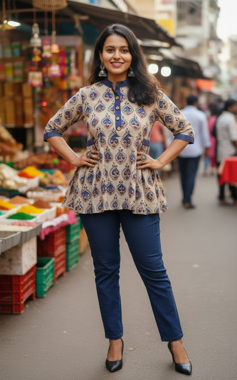 Cream Ajrakh Print Pure Cotton Peplum Style Top and Pant Set