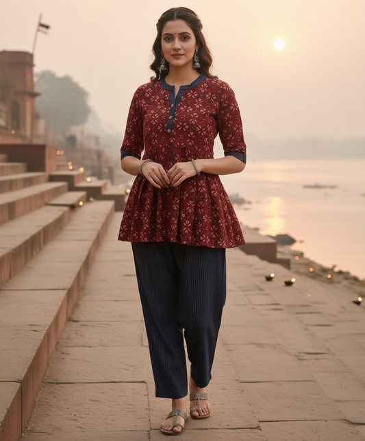 Maroon Ajrakh Print Pure Cotton Peplum Style Top and Lounge Pant Set