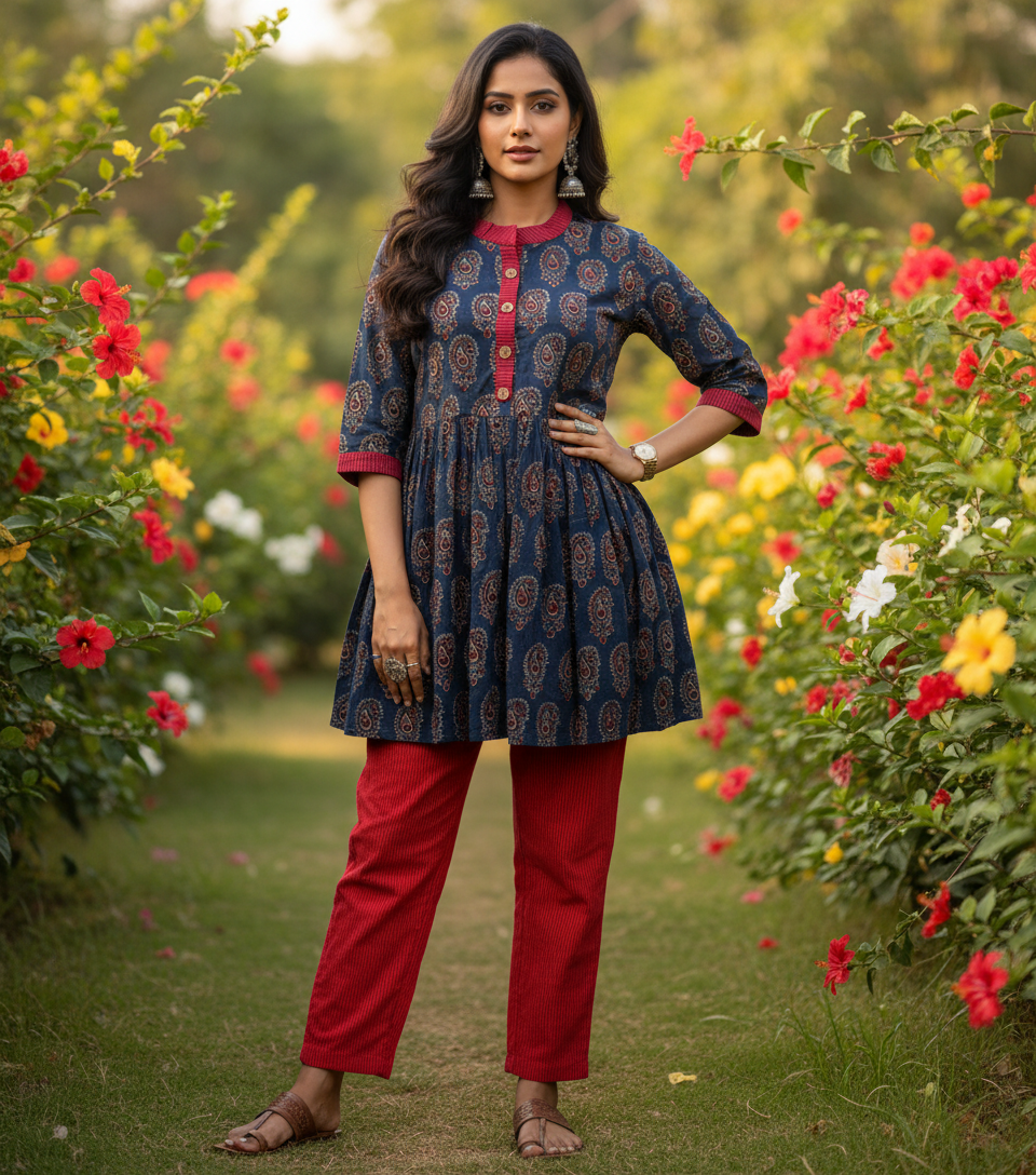 Blue Ajrakh Print Pure Cotton Peplum Style Top and Pant Set