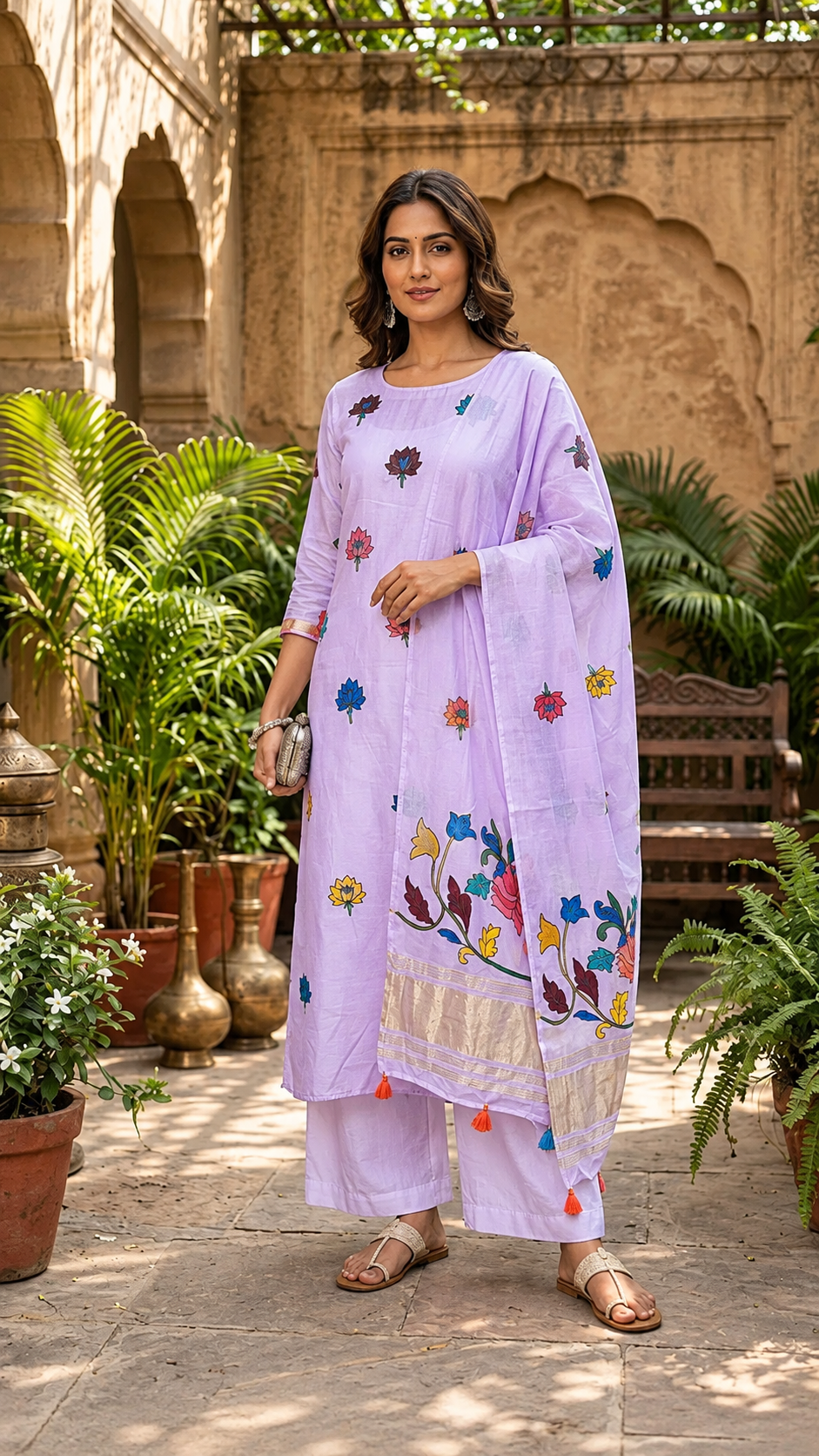 Lavender Lotus Motif Hand Painted 2 Piece Suit Material with Modal Silk Lagdi Patti Dupatta