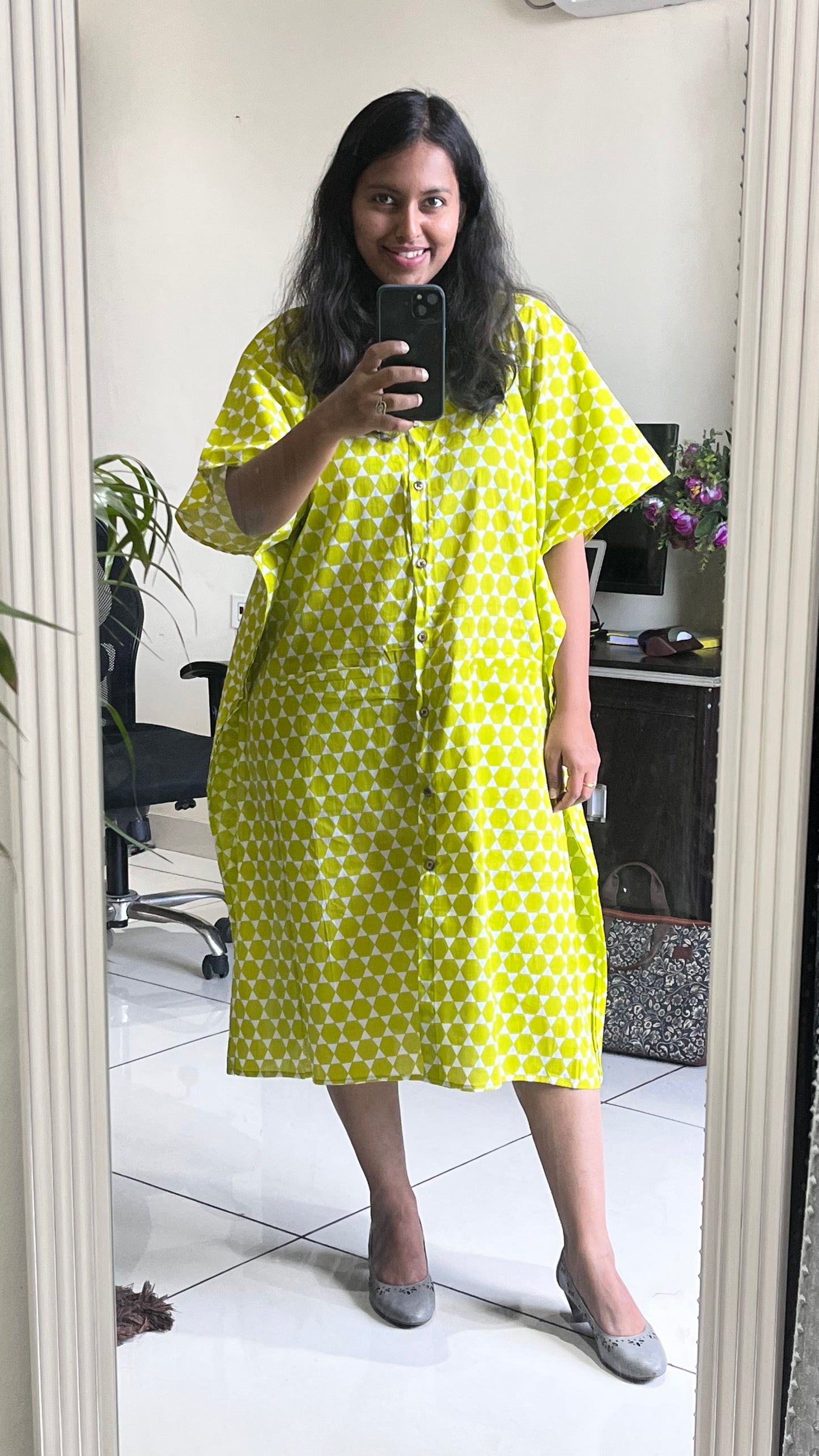 Chartreuse Green Shirt Style Kaftan Dress