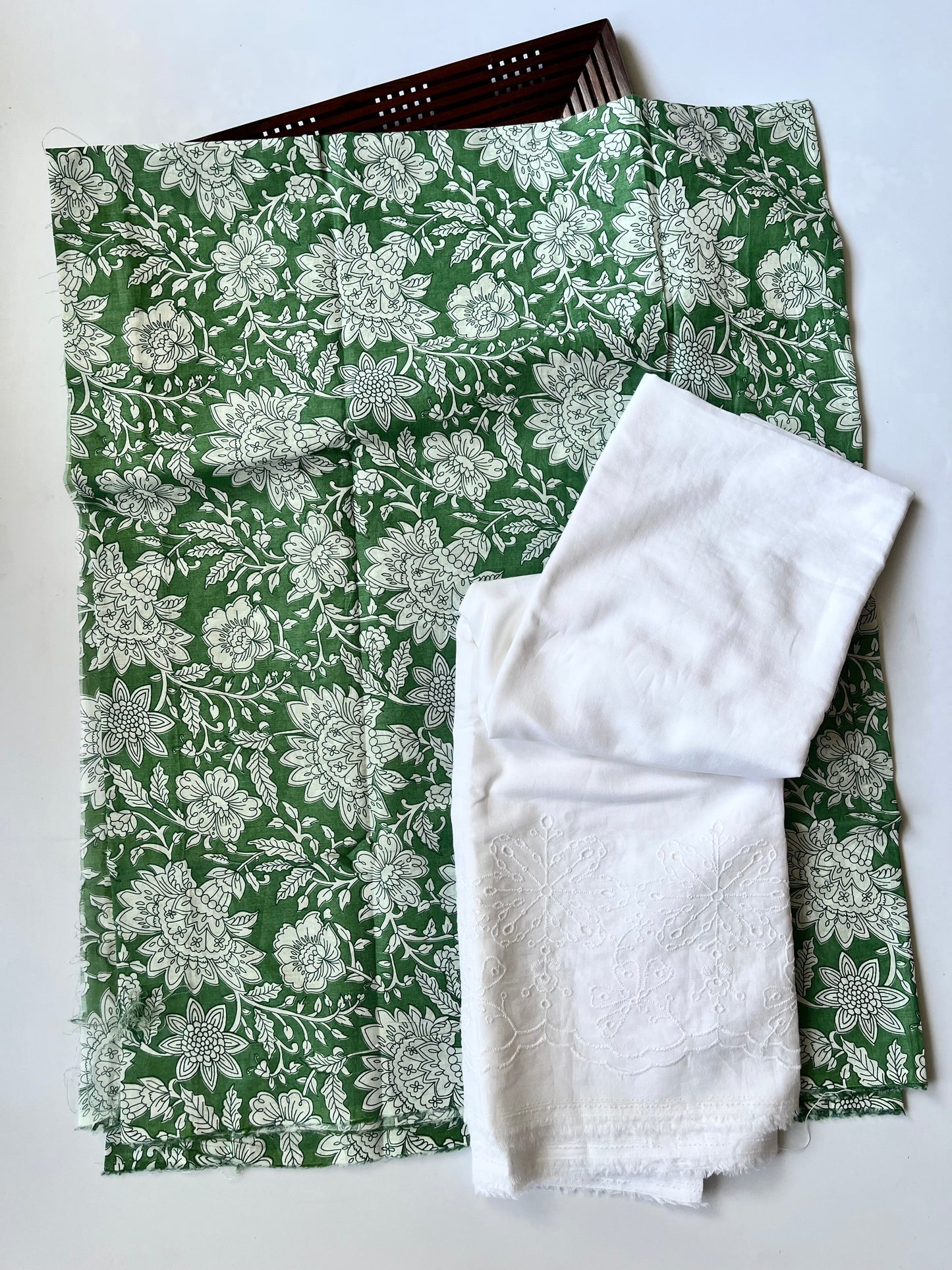 Green Flower Motif MulMul Cotton 2pc Suit Set