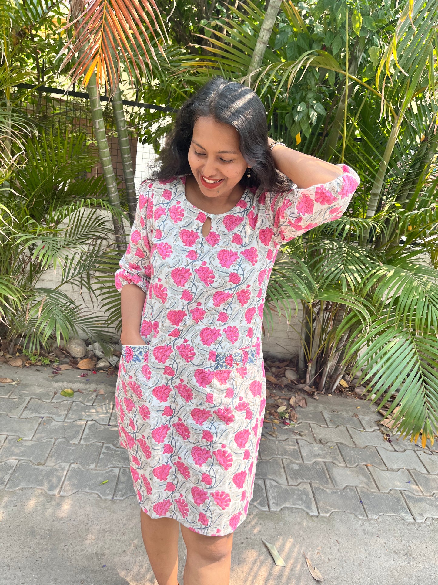 Pink Floral Pure Cotton Shift Dress With Front Pockets