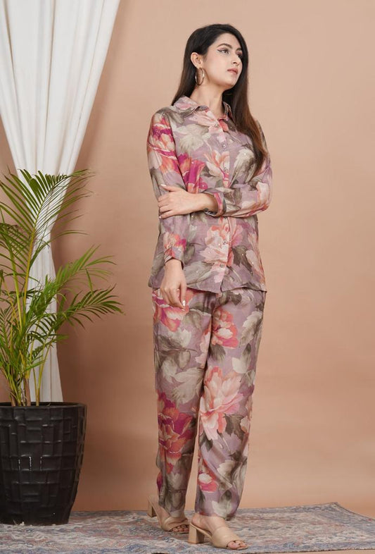 Beige Floral Muslin Silk Cotton Co Ord Set