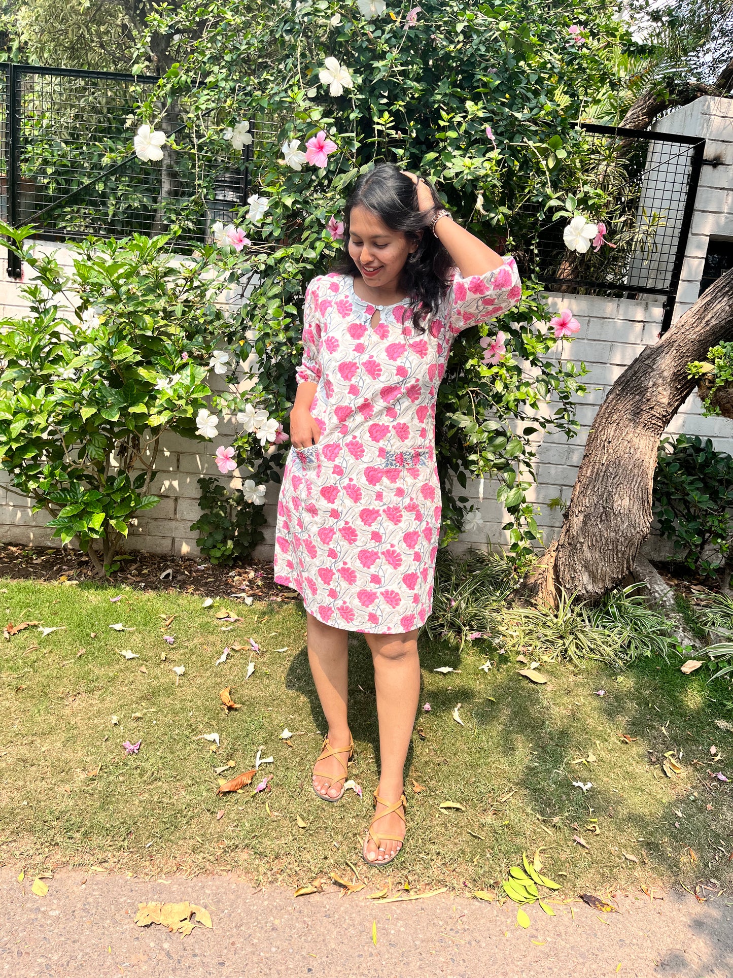 Pink Floral Pure Cotton Shift Dress With Front Pockets