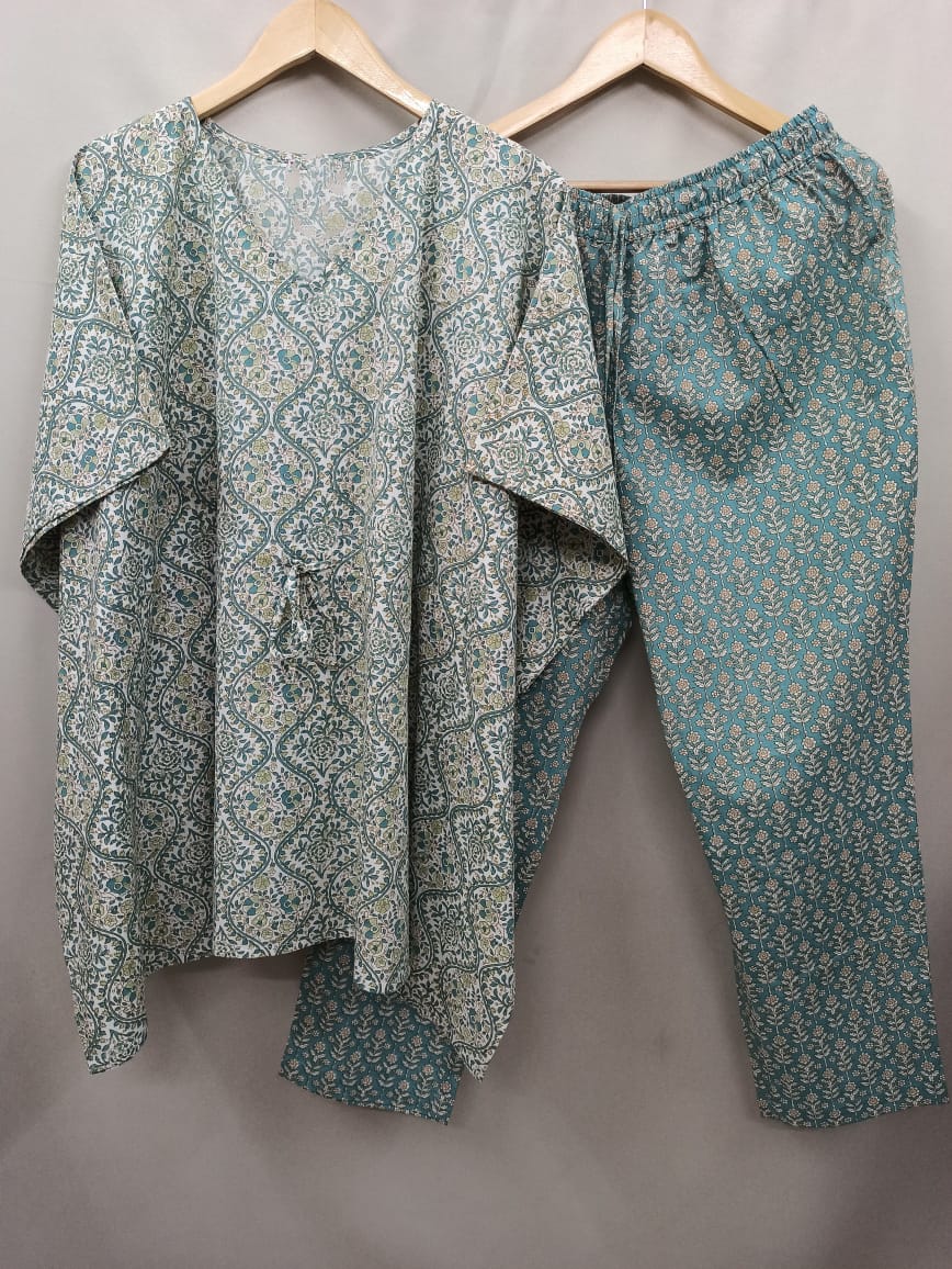 Green Jaal Motif Pure Cotton Kaftan & Lounge Pant Set