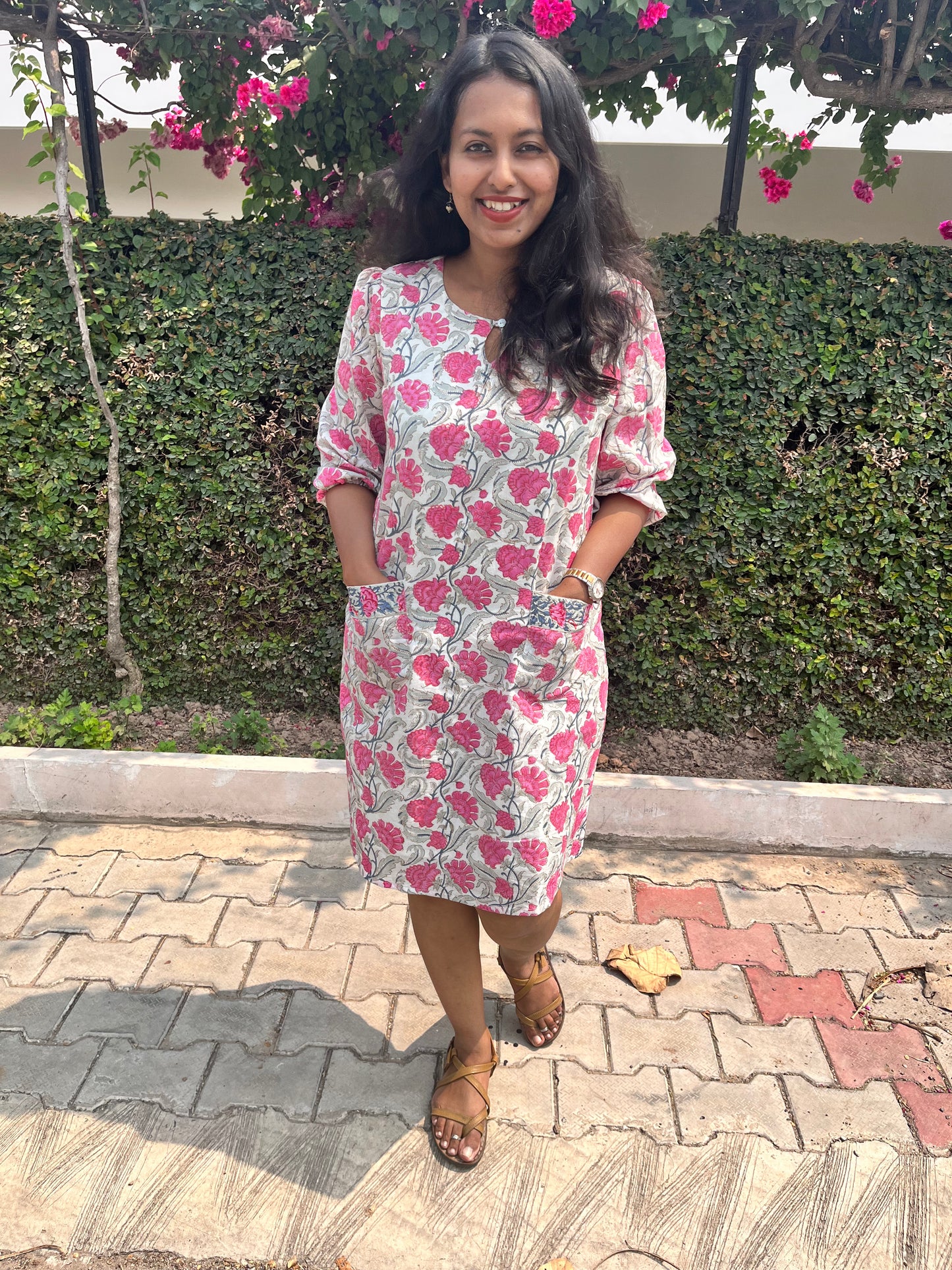 Pink Floral Pure Cotton Shift Dress With Front Pockets