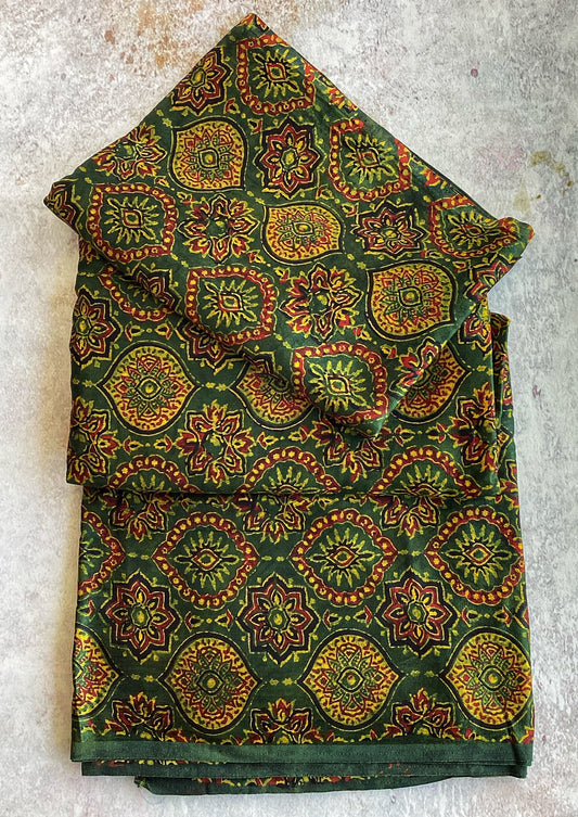 Green Jaal Motif Ajrakh Mashru Silk fabric