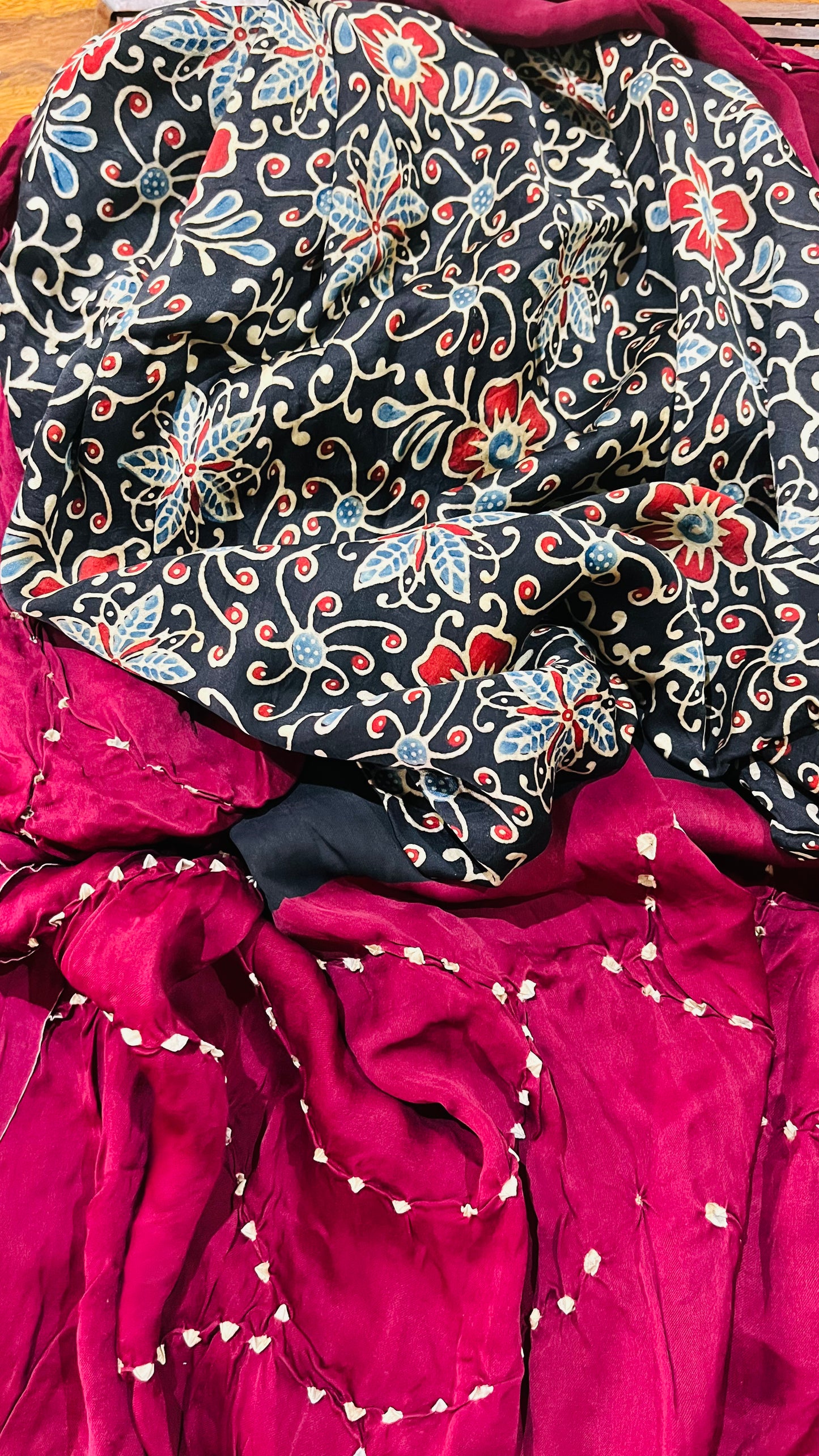 Black and Maroon Modal Silk Bandhani Ajrakh Dupatta