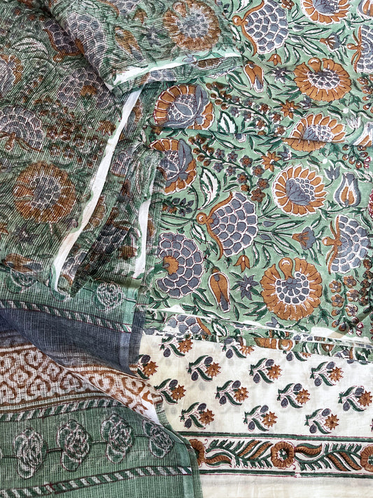 Lush Green Forest Hand Block Printed 3 pc Cotton Suit with Kota Dupatta