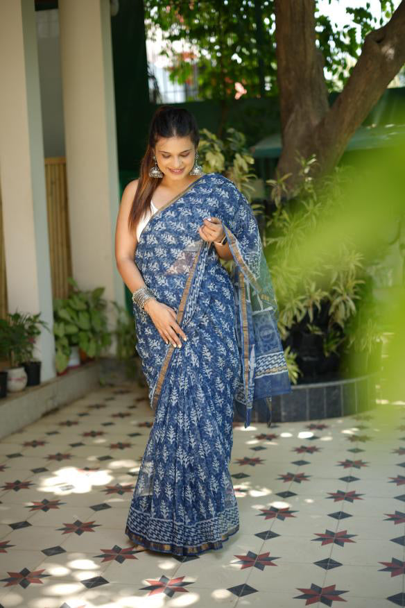 Classic Indigo Handblock Printed Kota Saree with Zari Border