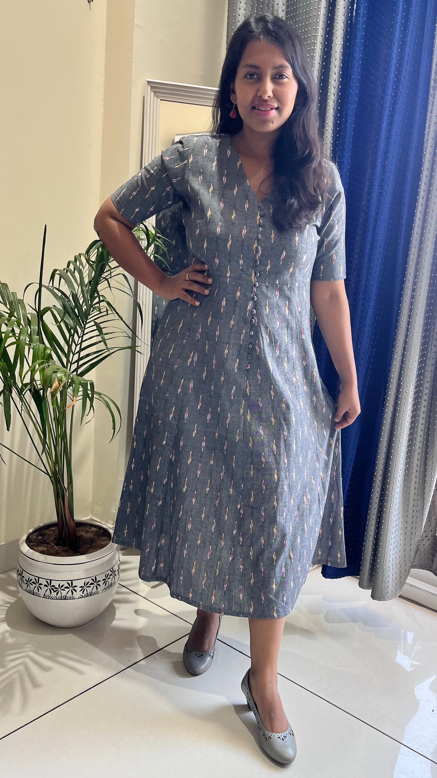 Cement Grey Ikat A Line Pattern Midi Dress