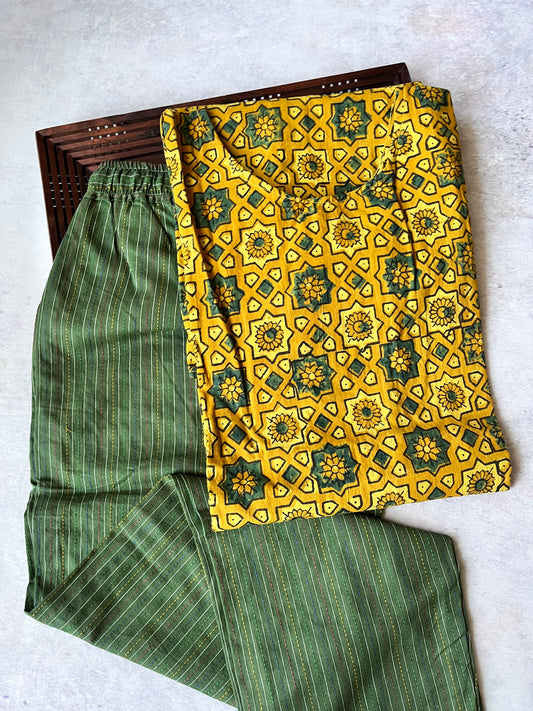 Yellow and Green Cotton Ajrakh Hand Block Print Kurta Pant Set