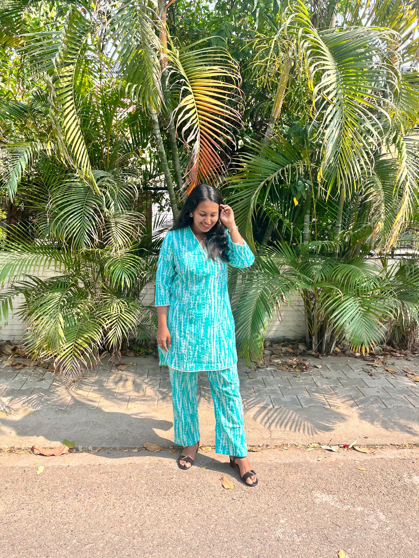 Sky is Blue Tie and Dye Cotton Co Ord Set with Lace Detailing