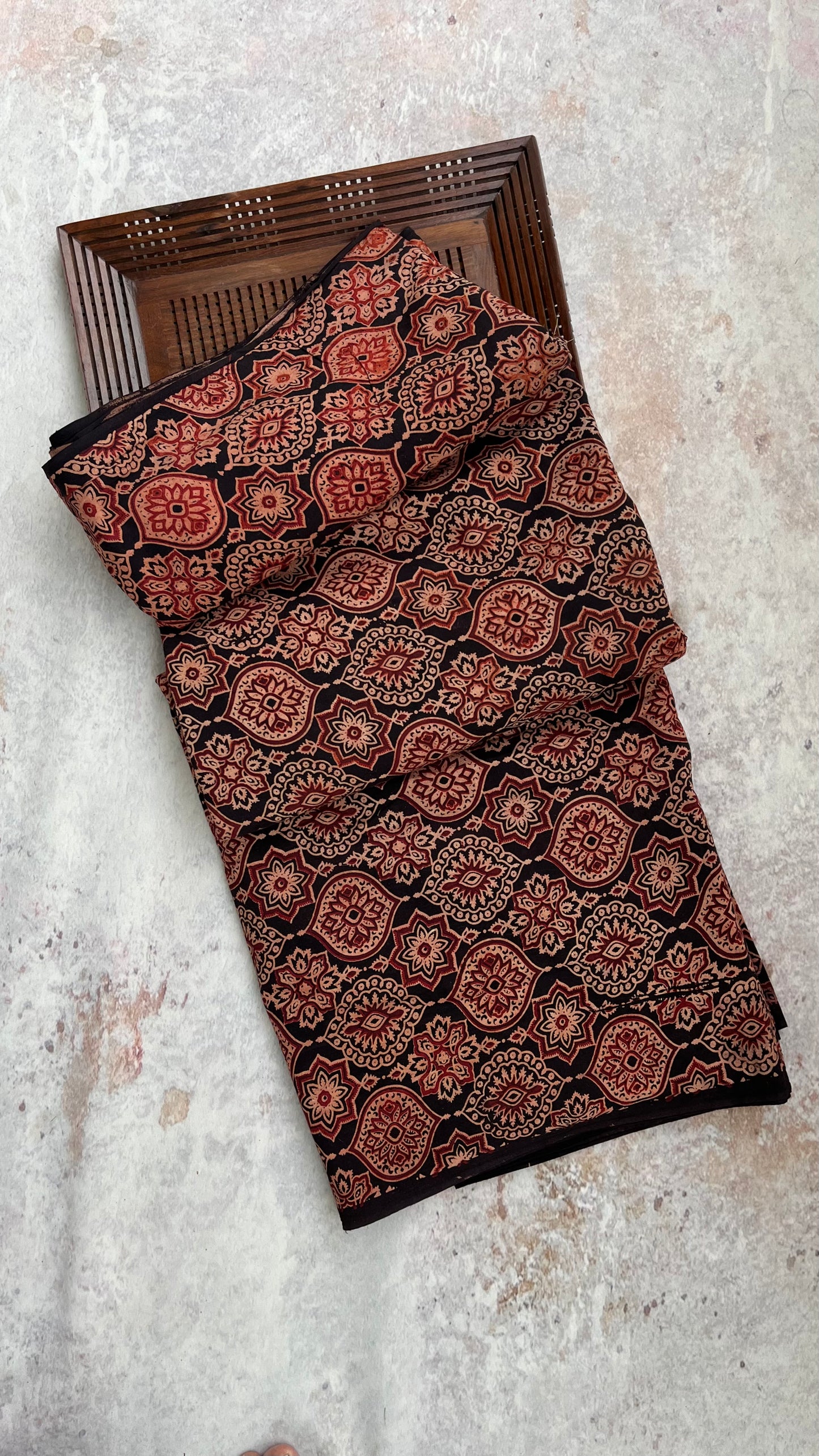 Black Classic Grid Motif Ajrakh Hand Block Printed Natural Dyed Cotton Fabric